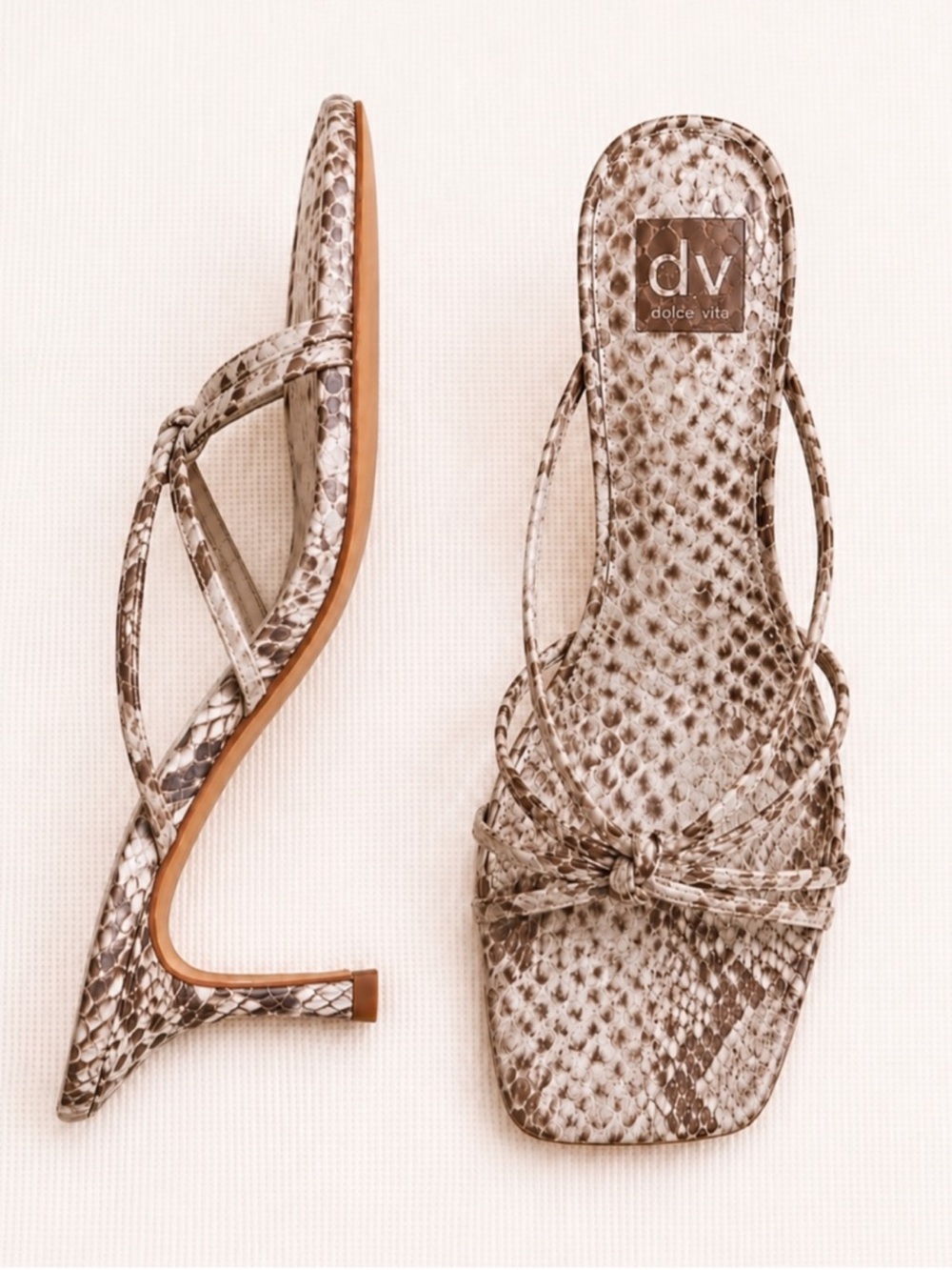 DV by Dolce Vita Snake Print Strappy Slip On Kitten Heel Mules Beige 8 NEW